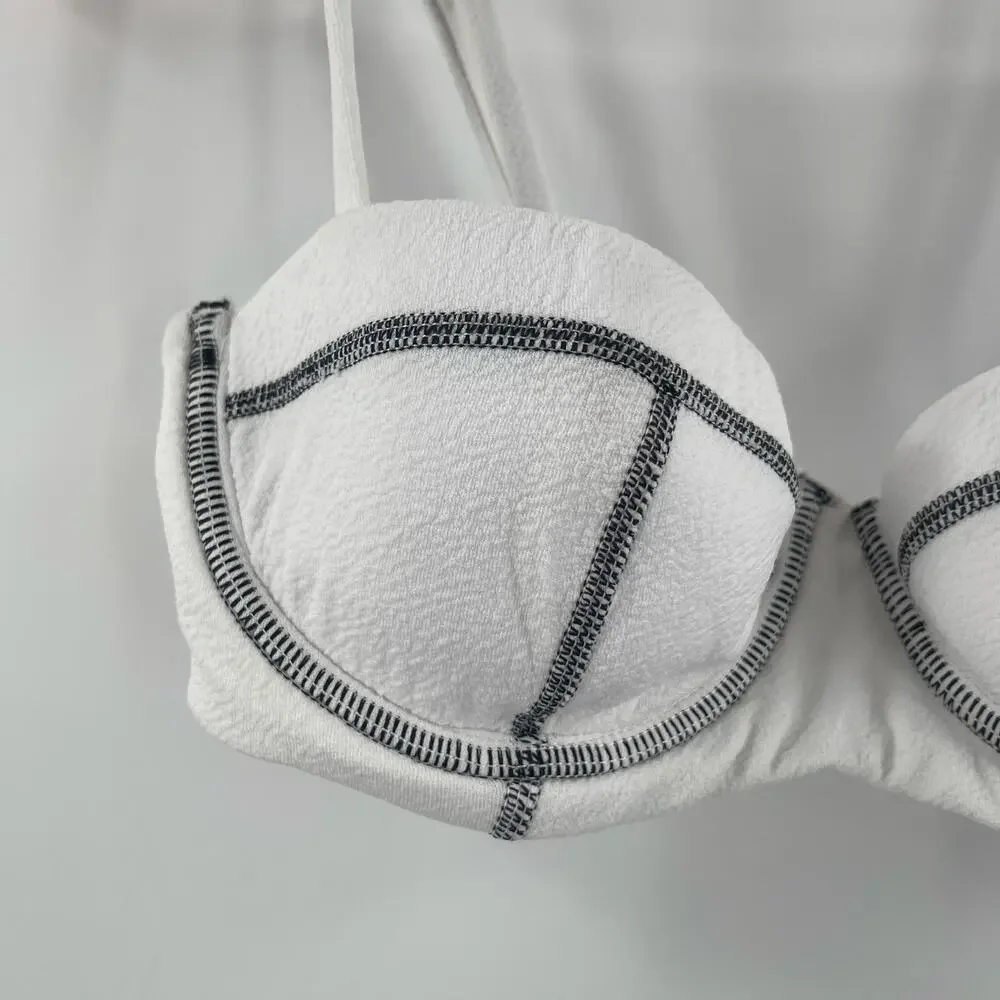 Onia Flora Bikini Top SZ Small Crinkle Texture White Black Pushup Swim Beach NWT